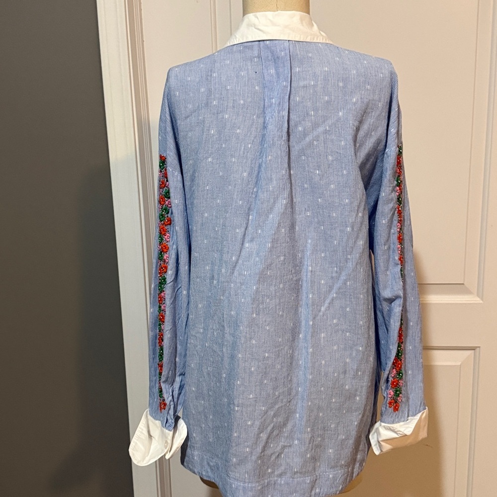 Essentiel Antwerp Harkle Blue Striped Shirt with Floral Embroidery Blouse XS - Picture 6 of 12